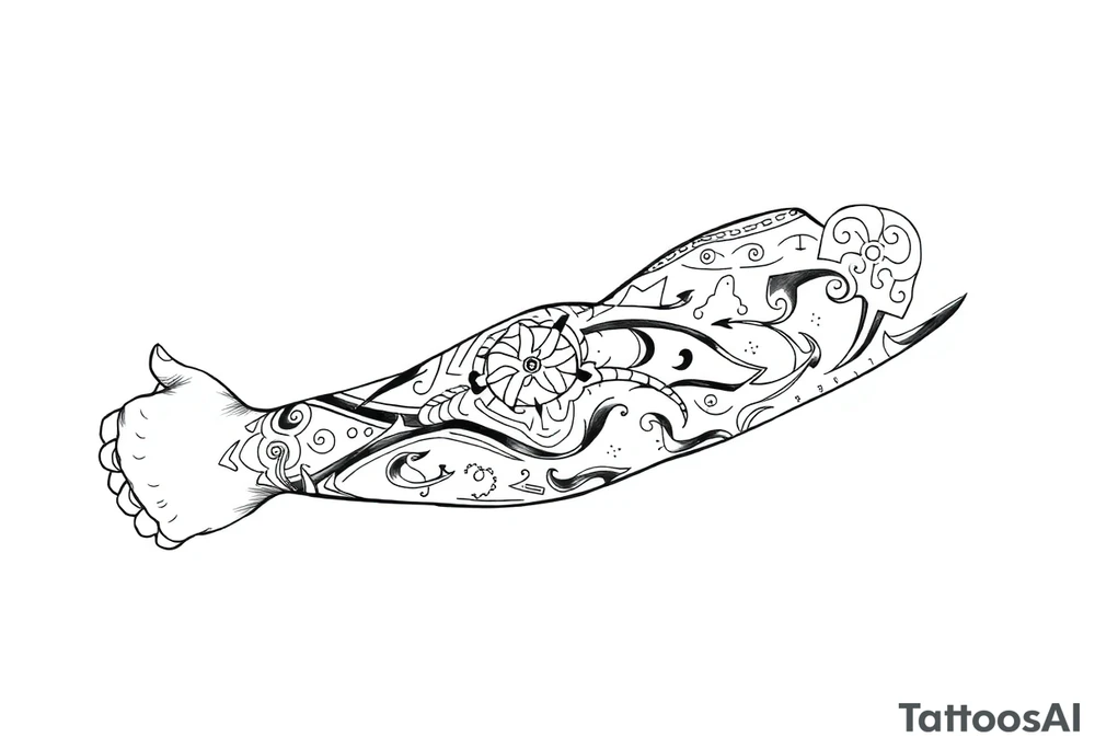Sicilian Forearm tribal sleeve with patterns and symbols tattoo idea