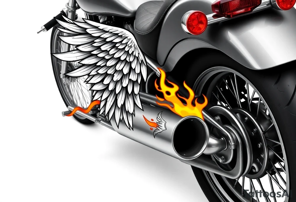 Low rider grey motorcycle, big muffler pipes with flames, angel wings tattoo idea