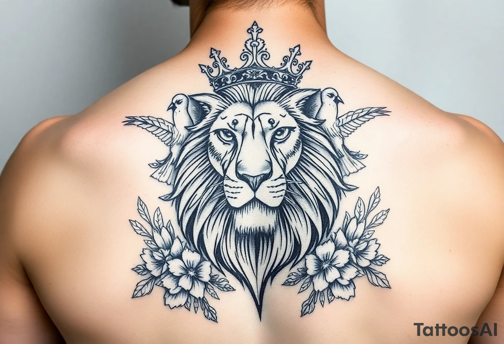 powerful majestic lion with a crown, surrounded by floral ornaments and birds tattoo idea