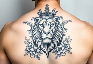 powerful majestic lion with a crown, surrounded by floral ornaments and birds tattoo idea