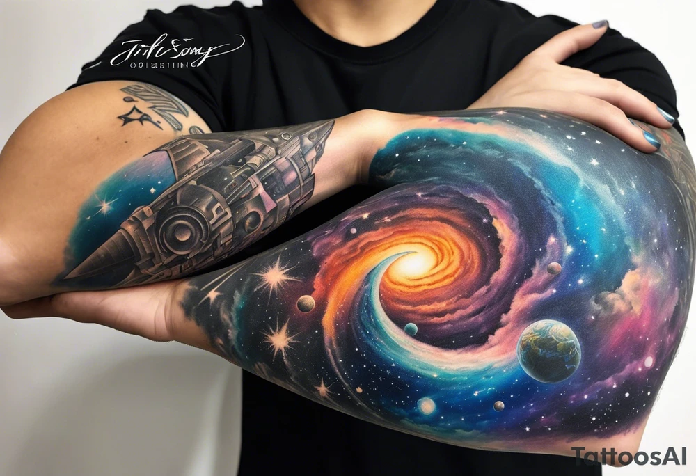 Sleeve tattoo of a galaxy orbiting. tattoo idea
