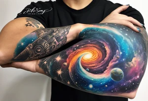 Sleeve tattoo of a galaxy orbiting. tattoo idea