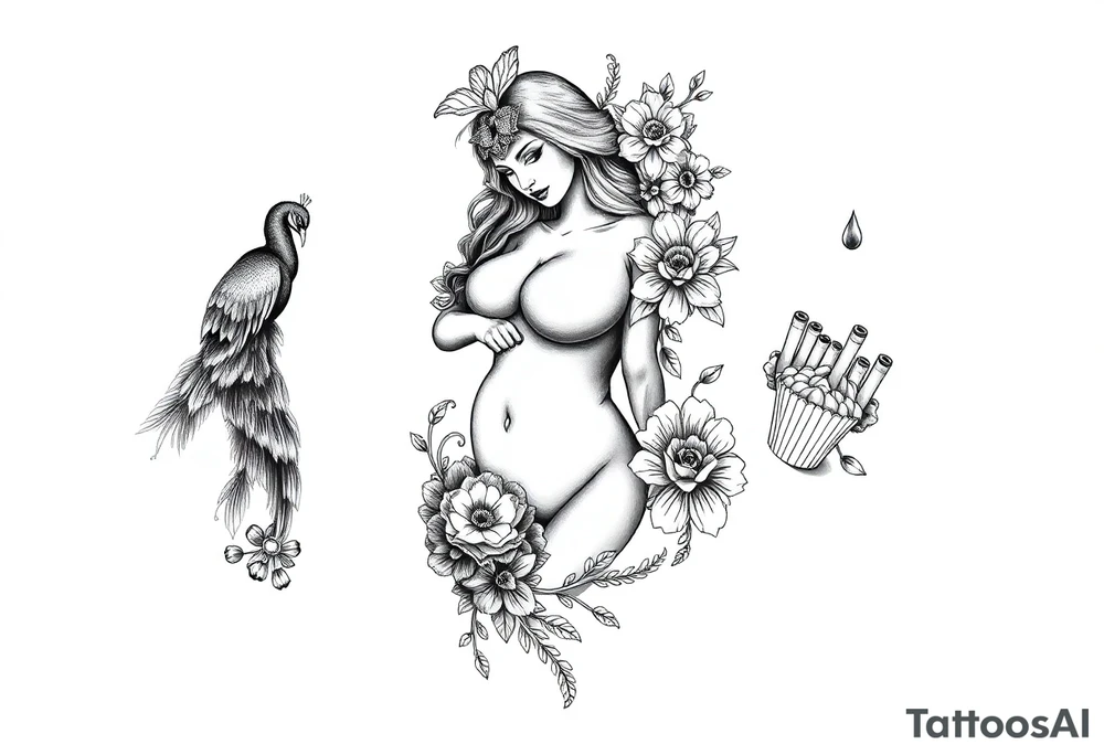 Storm, darkness, seven deadly sins, fat naked woman, peacock, flowers, razor blades, noose, couple having sex , cupcake ,cigerettes tattoo idea