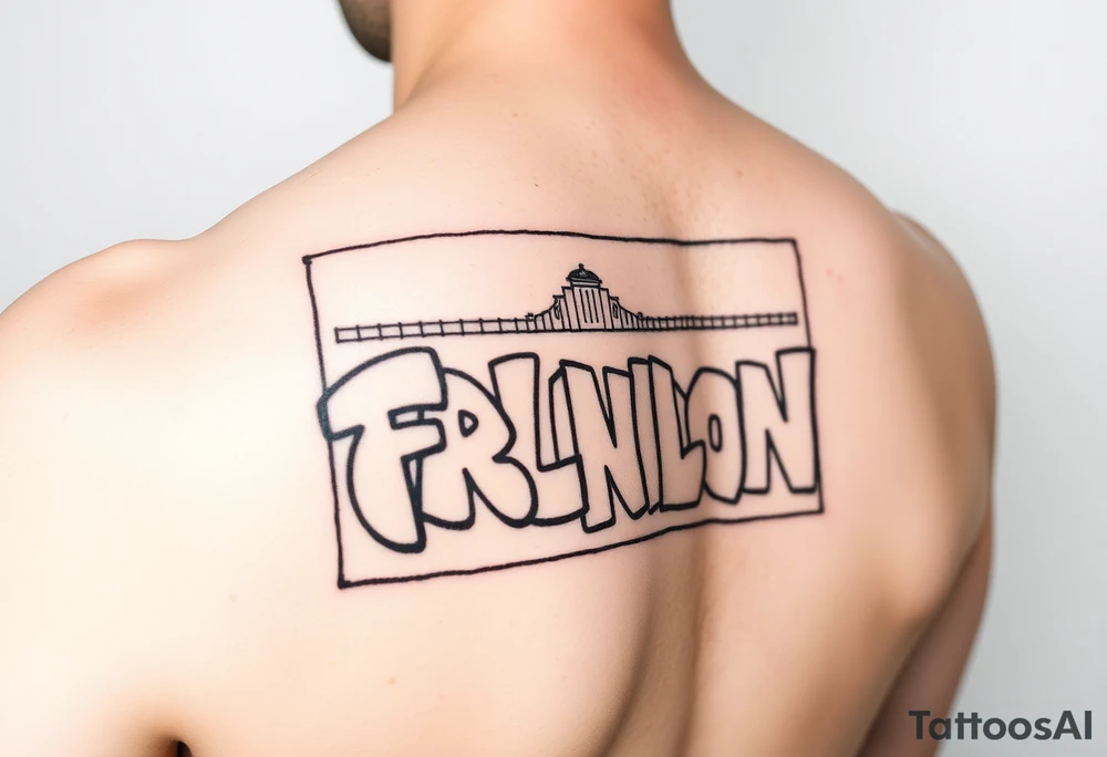 Flinders street station in graffiti in a rectangle outlined box in portrait orientation tattoo idea