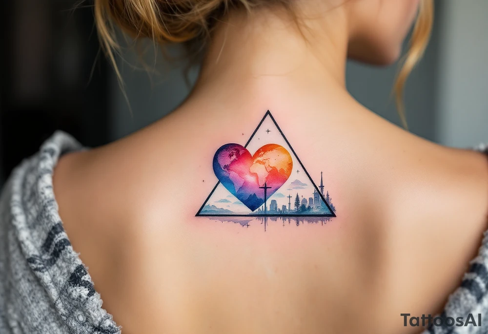 A triangle with a big heart in the center with a world travel theme tattoo idea