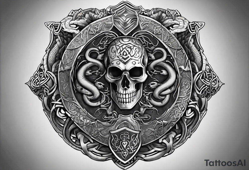 A shield adorned with coiled snakes and scorpions underneath. Bold outlines for the shield and creatures, with detailed patterns. Delicately depict the scales of snakes and the segmented bodies of scorpions. Integrate the creatures harmoniously with the overall design. tattoo idea