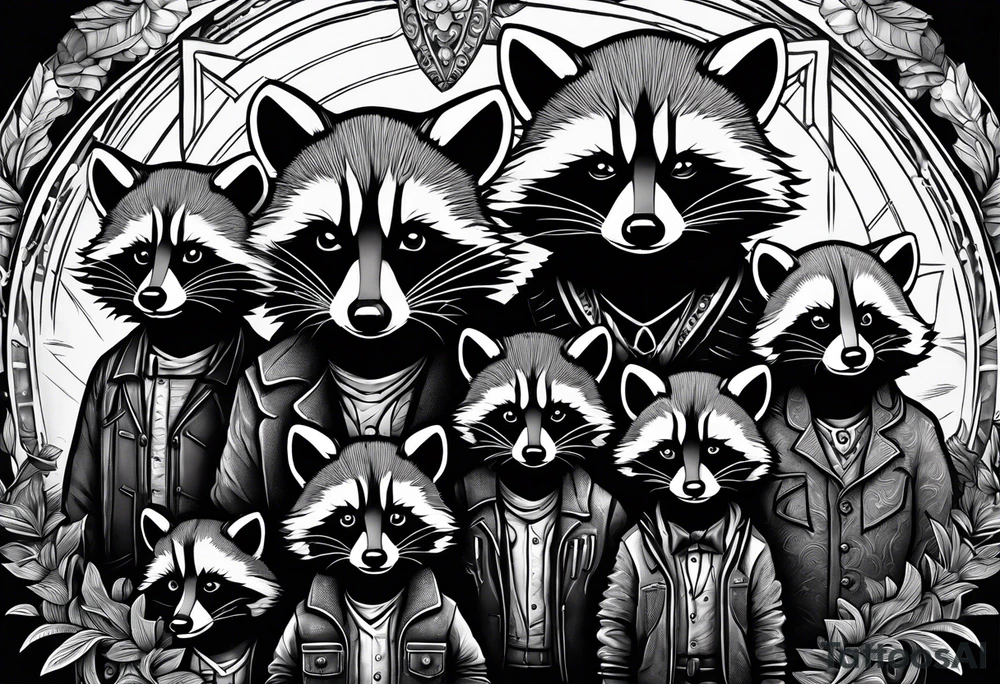 Very detailed Raccoon Husband with wife and 3 sons.
Background modern House between woods tattoo idea