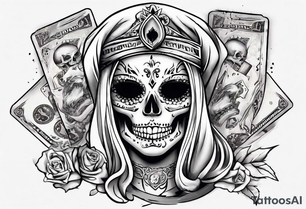 santa la muerta with money and crown
on the card tattoo idea