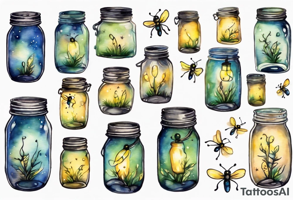 Fireflies coming out of a mason jar and all around the mason jar tattoo idea