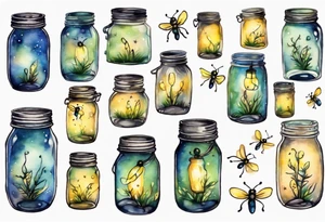 Fireflies coming out of a mason jar and all around the mason jar tattoo idea