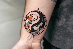 Dual Koi Yin-Yang Design – Two koi, one white with orange patches and the other black with red tips, forming a yin-yang circle to represent balance and duality. tattoo idea