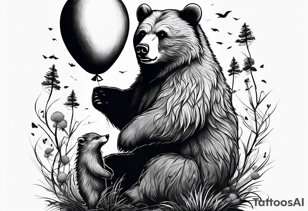 a big growling bear and a tiny hedgehog that stands hand has a balloon is his hands
together. tattoo idea