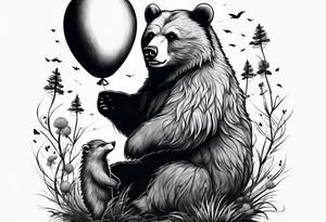 a big growling bear and a tiny hedgehog that stands hand has a balloon is his hands
 together. tattoo idea