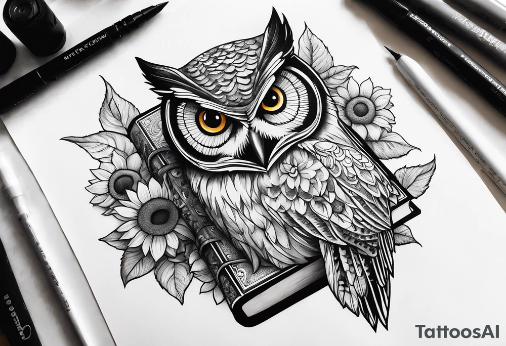 Owl, sunflower, camera, book, peacock tattoo idea