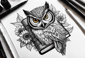 Owl, sunflower, camera, book, peacock tattoo idea