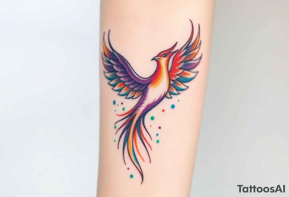 Phoenix in flames with purple, blue, orange, teal and green splashes, looking upwards. Materializing from below, no outline. tattoo idea