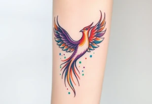 Phoenix in flames with purple, blue, orange, teal and green splashes, looking upwards. Materializing from below, no outline. tattoo idea