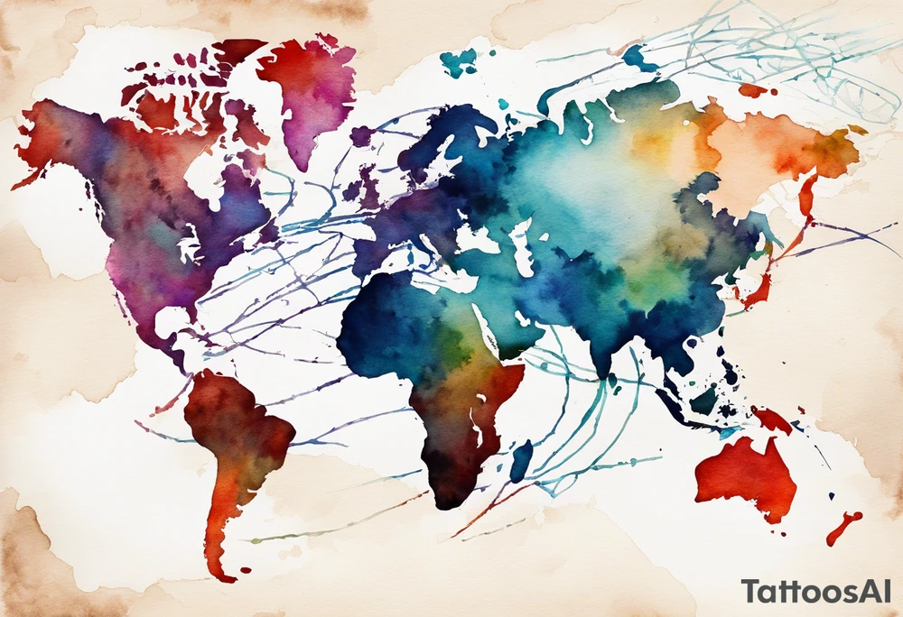 Map with tiny jet plane showing intercontinental flight path. Watercolor with spilled watercolor look abstract tattoo idea