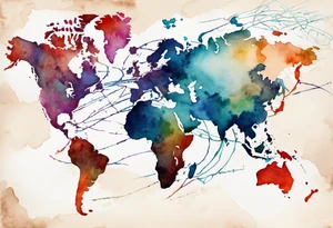 Map with tiny jet plane showing intercontinental flight path. Watercolor with spilled watercolor look abstract tattoo idea