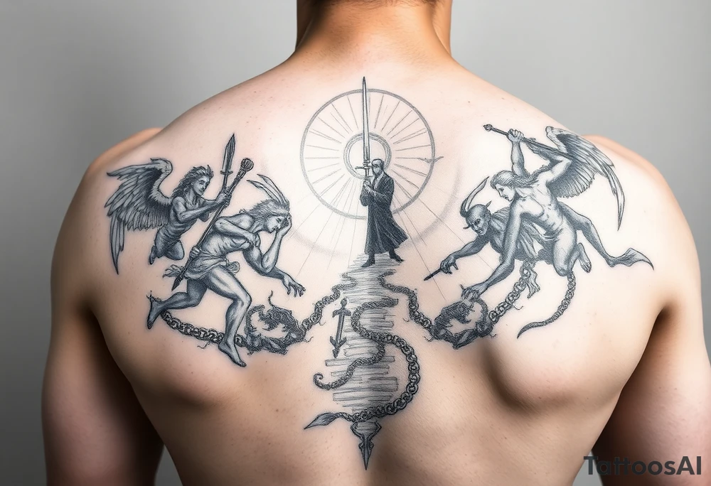 A battle between multiple angels and demons while a father guides his son through the path of life showing battle wounds on back on his way to the gates of heaven tattoo idea