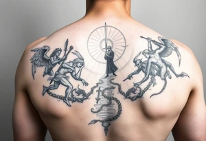 A battle between multiple angels and demons while a father guides his son through the path of life showing battle wounds on back on his way to the gates of heaven tattoo idea