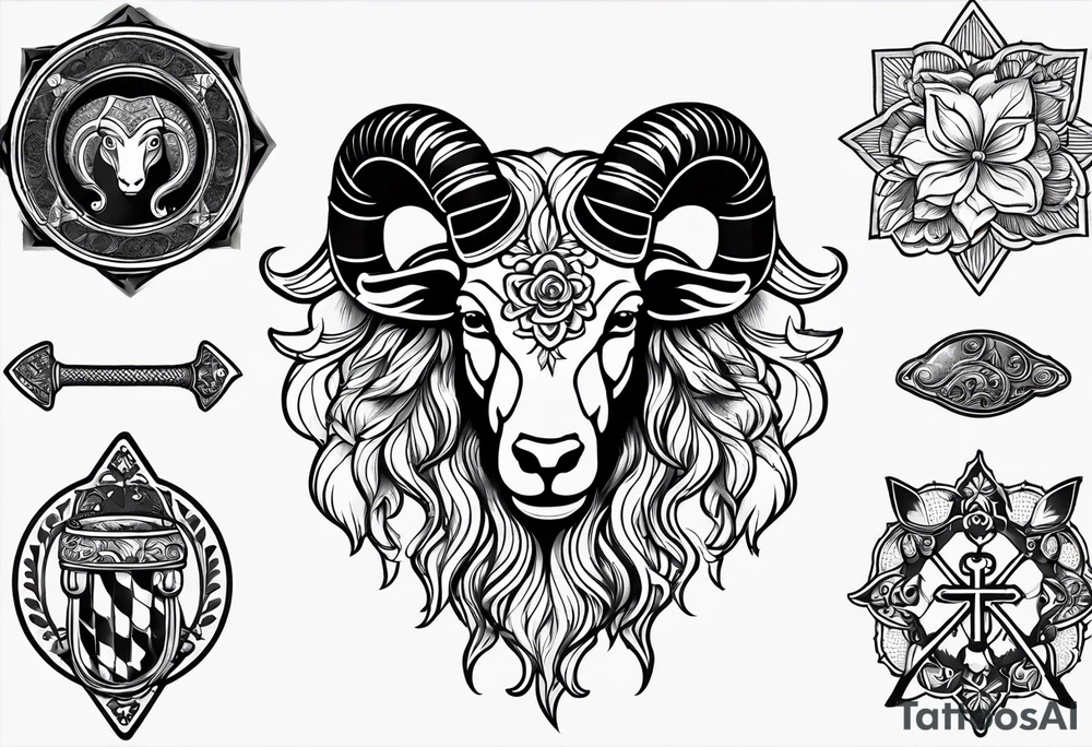 tattoo design containing the following objects: ram head, floorball ball, hockey stick, fishing rod tattoo idea