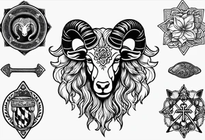 tattoo design containing the following objects: ram head, floorball ball, hockey stick, fishing rod tattoo idea