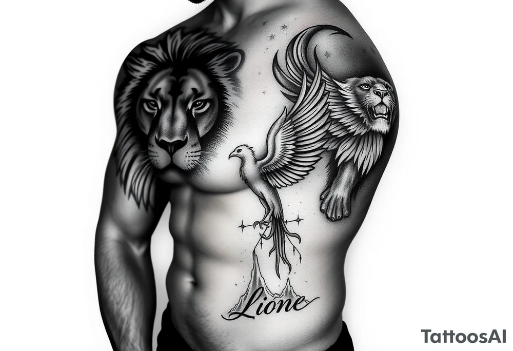 Lion face-on, phoenix face-on rising from ashes to night sky and subtle Leo zodiac tattoo idea