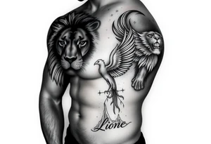 Lion face-on, phoenix face-on rising from ashes to night sky and subtle Leo zodiac tattoo idea