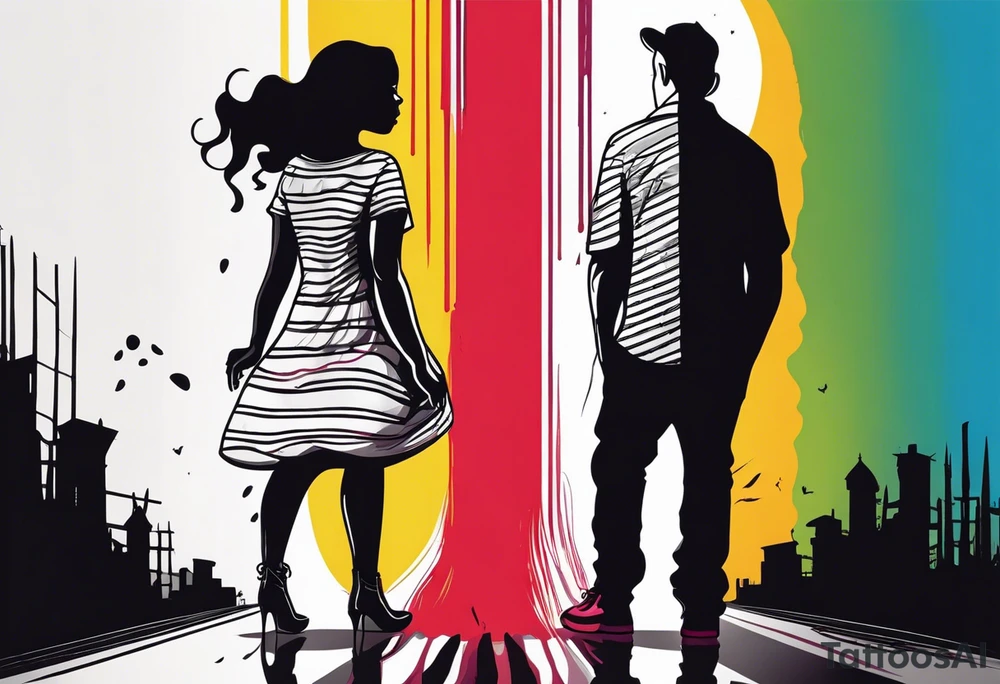 2 black shadows of people standing over 2 black shadows of murdered people tattoo idea