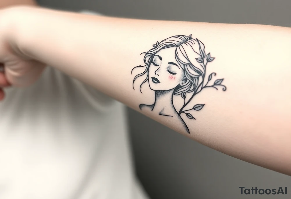 Fine line black and gray tattoo of a feminine figure symbolizing self-love and inner peace. The figure should be partially framed by delicate vines with soft, detailed leaves wrapping gently around her, representing growth and self-care. Her pose should be calm and confident, one hand touching her chest or necklace softly, expressing tenderness and connection with herself. Keep the composition poetic, balanced, and elegant, with refined linework and a serene, expressive face. Avoid cartoonish or overly realistic features — make it minimalist but soulful, almost like a modern illustration. The vines and frame should feel organic and flowing, not geometric. tattoo idea
