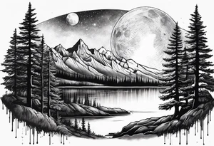 Picture of the moon, trees, lake, mountains and night sky tattoo idea