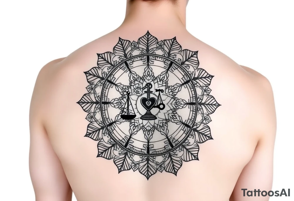 1. The Story Mandala
	•	A circular mandala design spreading across the shoulder.
	•	Each ring or quadrant holds a symbol of you:
	•	Geisha (Japan + your back tattoo tie-in).
	•	Rose (favorite flower, vibration/energy).
	•	Scales with a heart + key (finance, love, duality).
	•	World map silhouette (travel and global perspective). tattoo idea