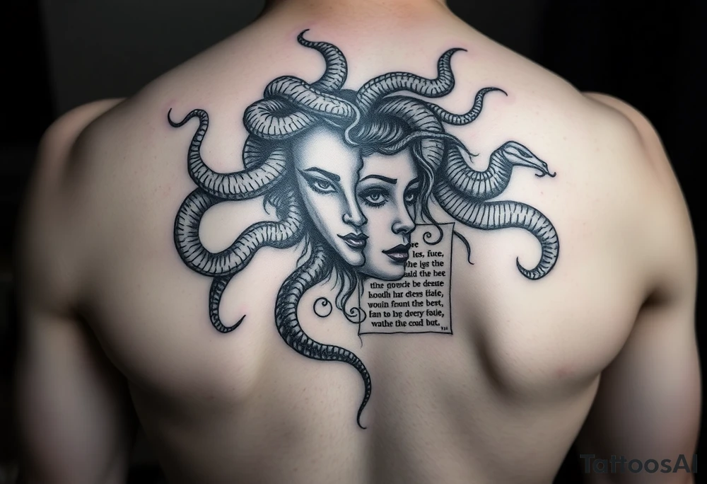 Medusa with snakes but one side of the face is a pretty woman with a scripture tattoo idea