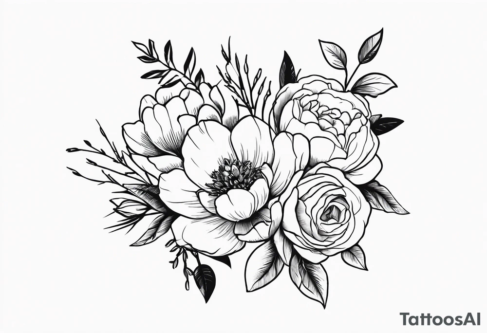 flower bouquet with a peony, larkspur, rose, and daffodil tied with a bow tattoo idea