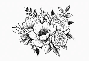 flower bouquet with a peony, larkspur, rose, and daffodil tied with a bow tattoo idea