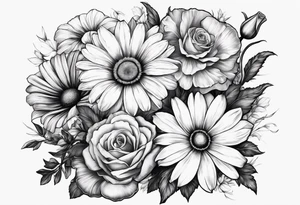 A sleeve of a single daisy and a rose with poppies and gladiolus flowers weaving through the daisy and rose tattoo idea