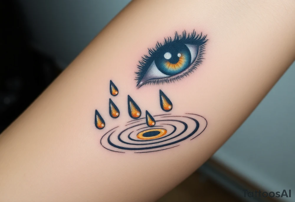 Teary eye A collection of teardrops falling into a still pool, with soft ripples in golden and silver hues, symbolizing how tears spread healing. tattoo idea