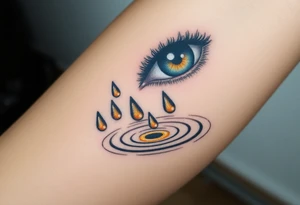 Teary eye A collection of teardrops falling into a still pool, with soft ripples in golden and silver hues, symbolizing how tears spread healing. tattoo idea