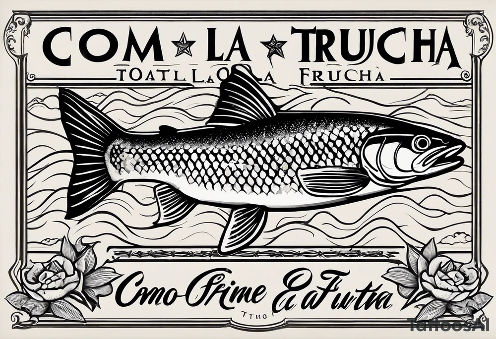 A small tattoo with a shaded trout and text that says, 'Como la trucha...' drawn with fine lines." tattoo idea