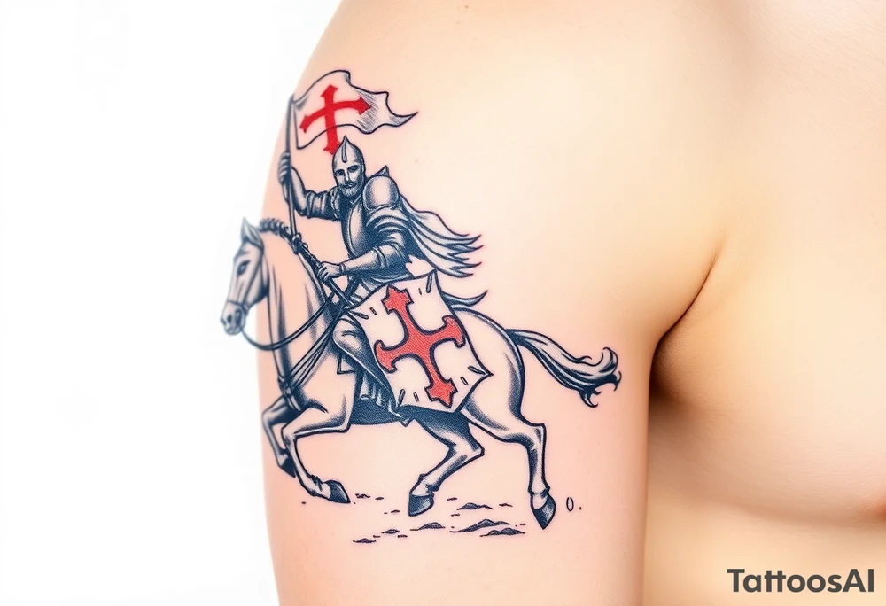 A medieval knight holding a banner with the Templar cross, riding into battle on a warhorse tattoo idea