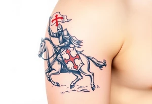 A medieval knight holding a banner with the Templar cross, riding into battle on a warhorse tattoo idea