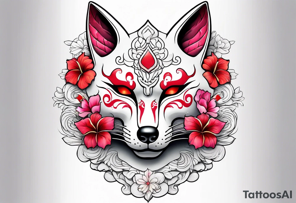 White japanese mask that looks like a kitsune with red accents and pink hibiscus flowers tattoo idea