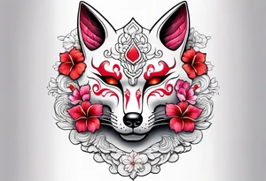 White japanese mask that looks like a kitsune with red accents and pink hibiscus flowers tattoo idea