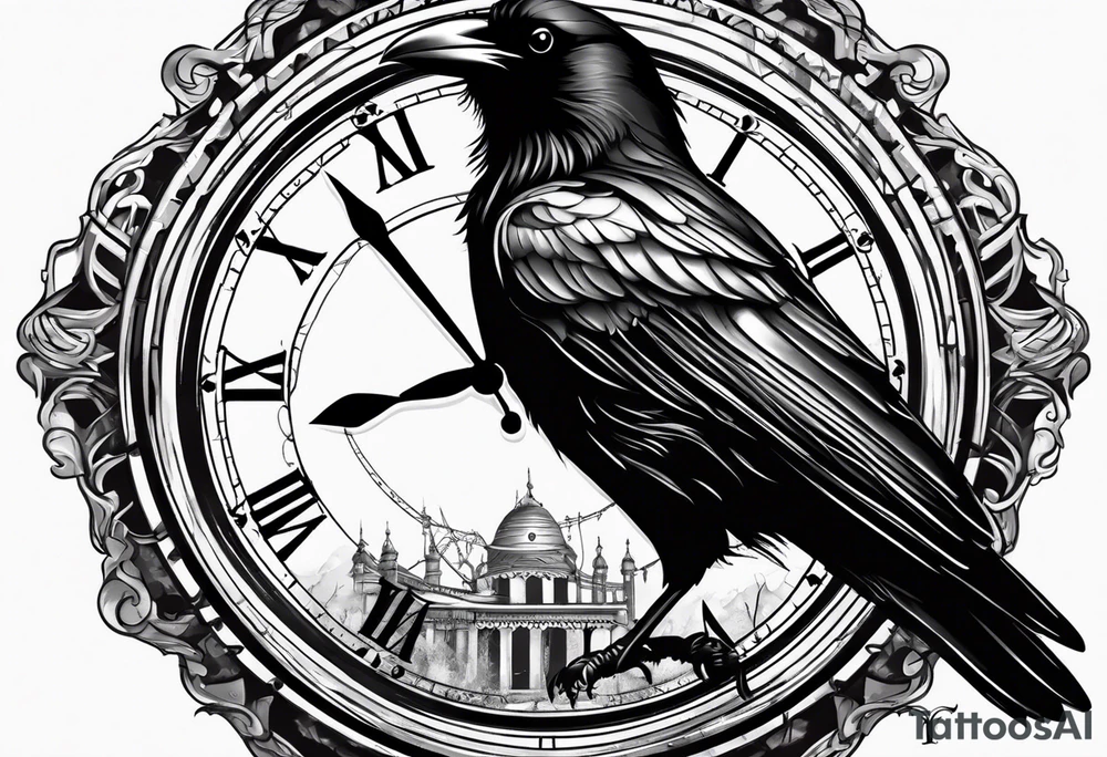 raven perched on clock tattoo idea