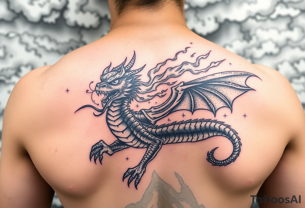 fierce dragon breathing iridescent fire against stormy skies tattoo idea