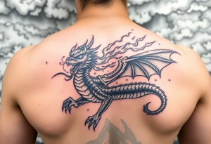 fierce dragon breathing iridescent fire against stormy skies tattoo idea