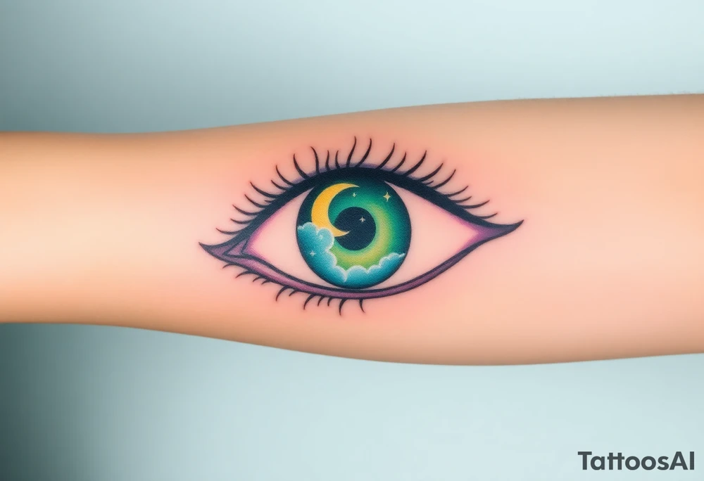 Large outline of an eye shaped like an almond with eye colored greenish blue with long pretty black eyelashes + spade shaped eyeball insyead pf a round eyeball + a crescent moon stars and clouds inside of the eyeball only + using vivid colors like blue green purple light blue light green light purple tattoo idea