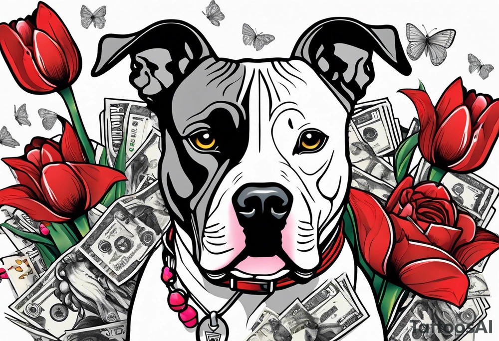 american staffordshire with tulips with a butterfly, with pills, drugs, euro bank notes and currency, vbank cheques, police, walkietalkies tattoo idea