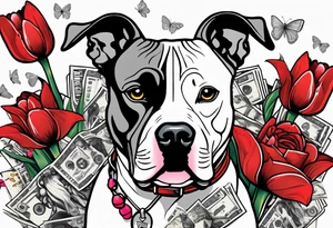 american staffordshire with tulips with a butterfly, with pills, drugs, euro bank notes and currency, vbank cheques, police, walkietalkies tattoo idea